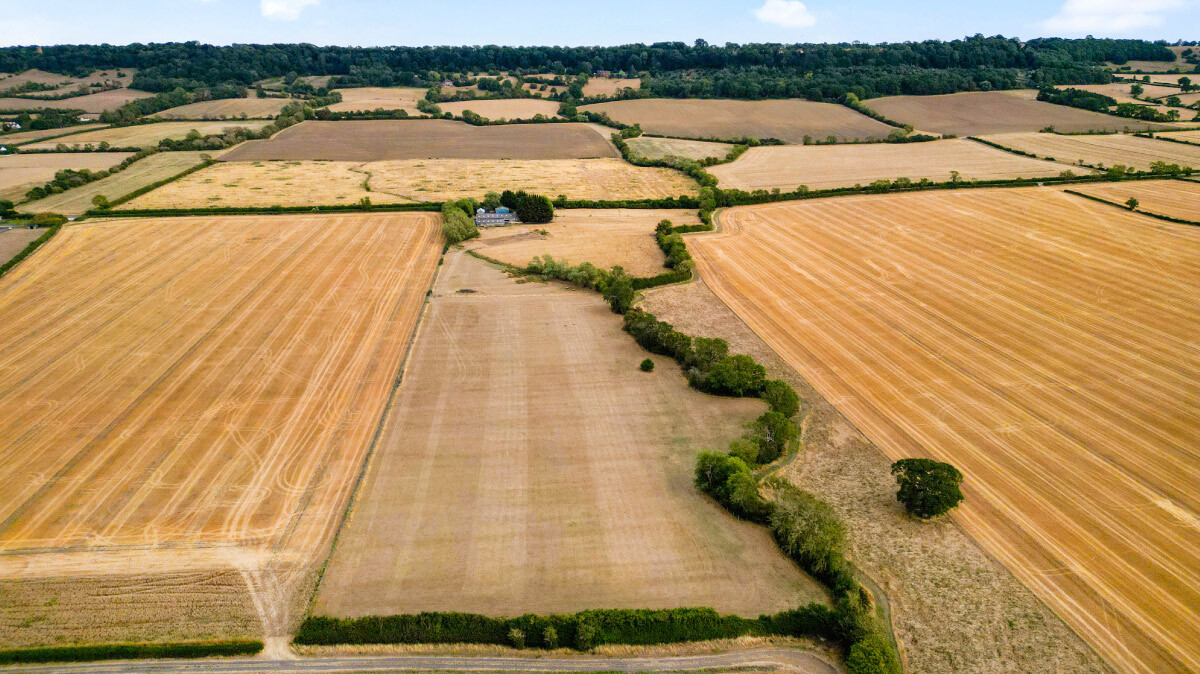 A picture of the Langley Brook Farm with multiple fields seperated with green trees and bushes with a house in the centre