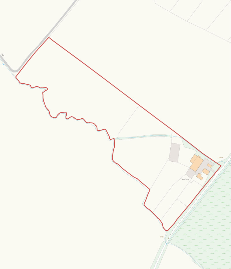 A picture of the map of the farmland with a red outline to indicate what is owned by the Farm